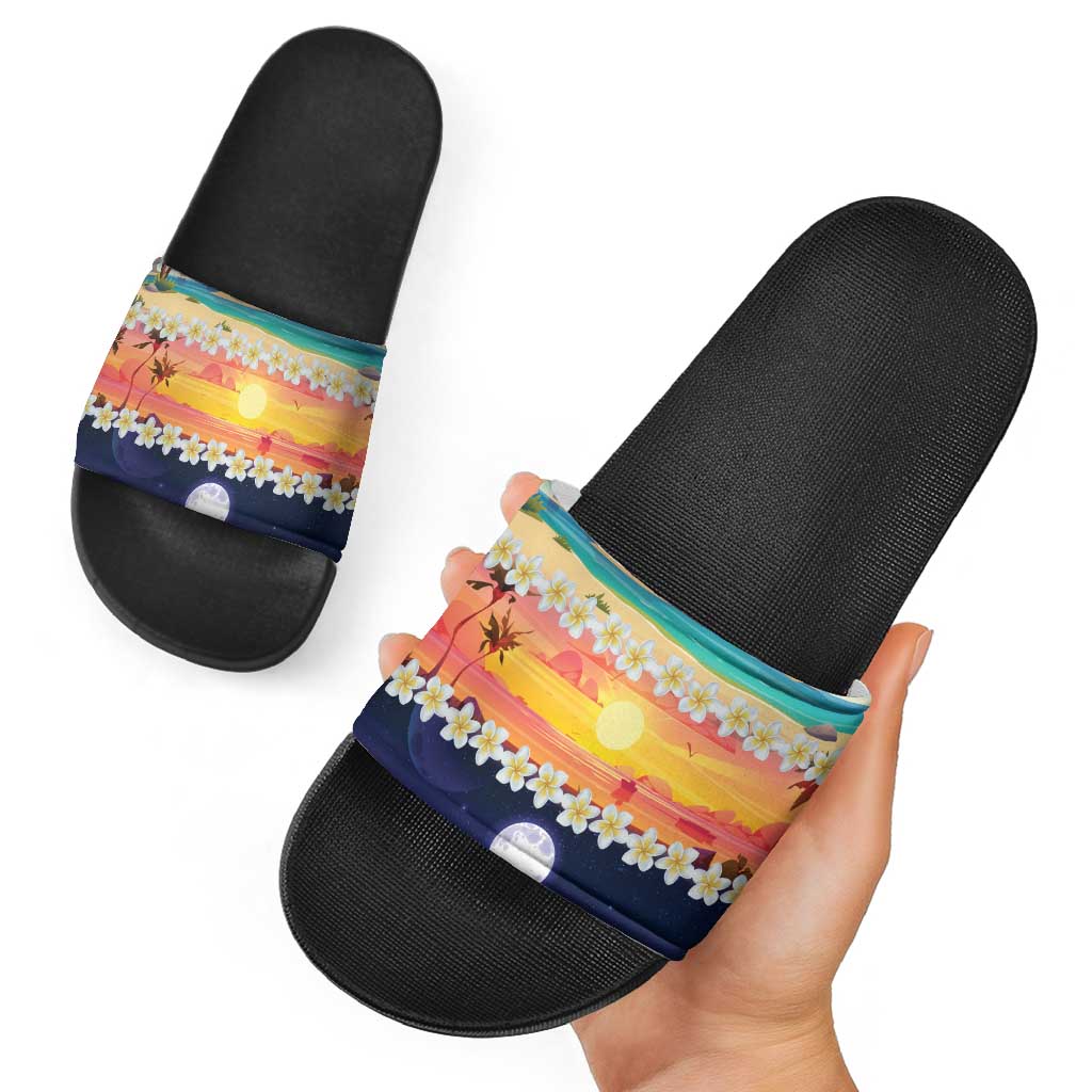 Hawaii Beach Landscape Time-Lapse Slide Sandals Tropical Plumeria Flowers - Polynesian Pride