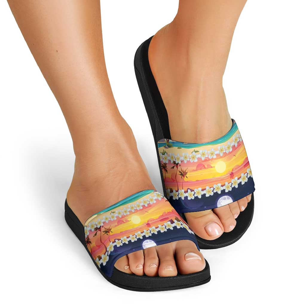 Hawaii Beach Landscape Time-Lapse Slide Sandals Tropical Plumeria Flowers - Polynesian Pride