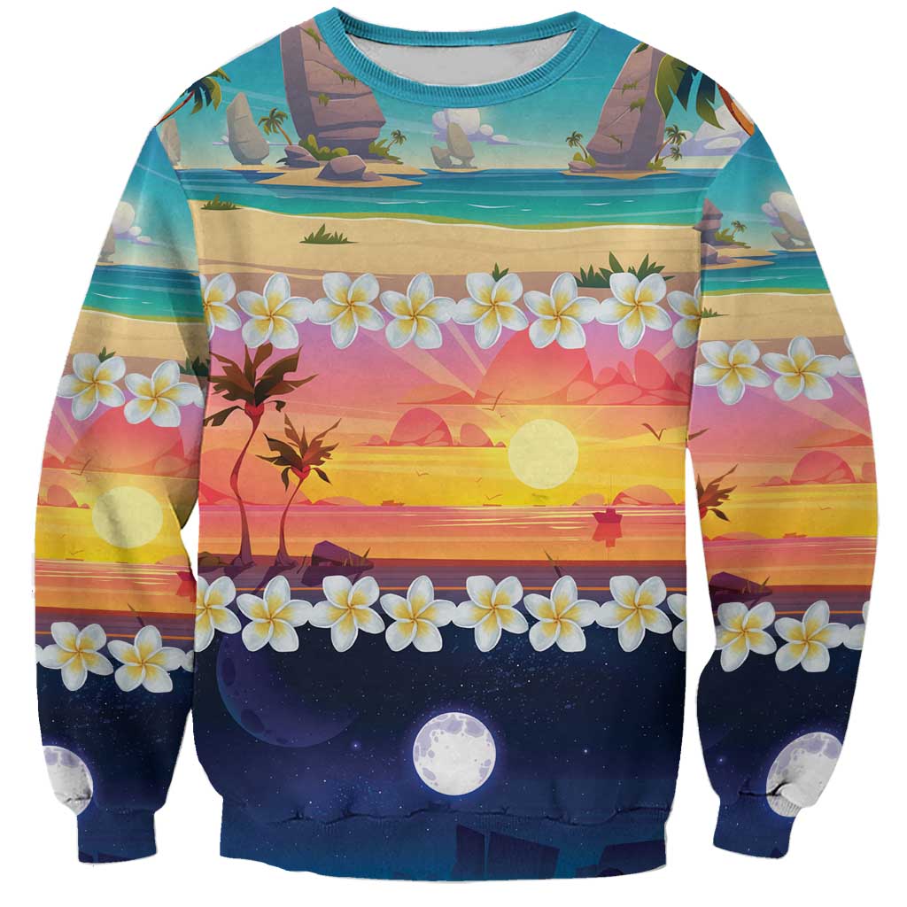 Hawaii Beach Landscape Time-Lapse Sweatshirt Tropical Plumeria Flowers LT01 Unisex Multicolor - Polynesian Pride