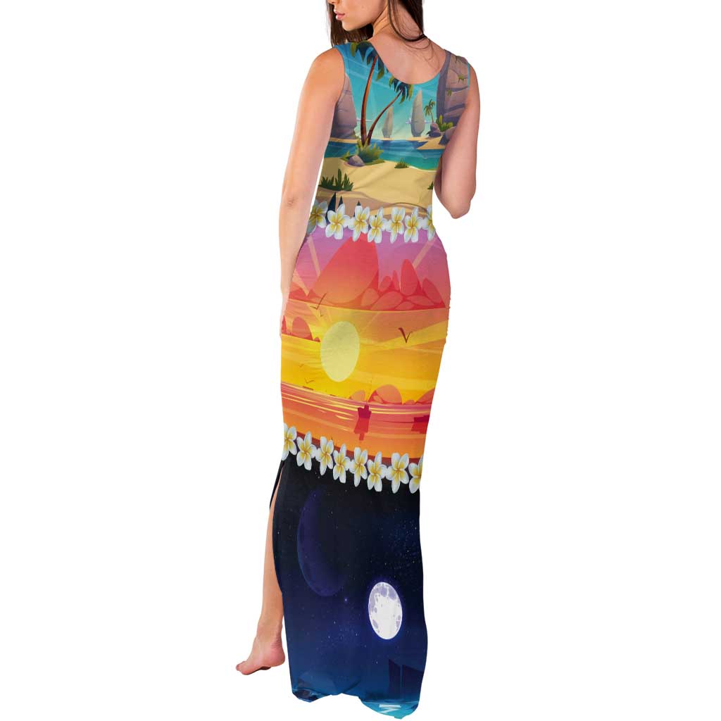 Hawaii Beach Landscape Time-Lapse Tank Maxi Dress Tropical Plumeria Flowers - Polynesian Pride