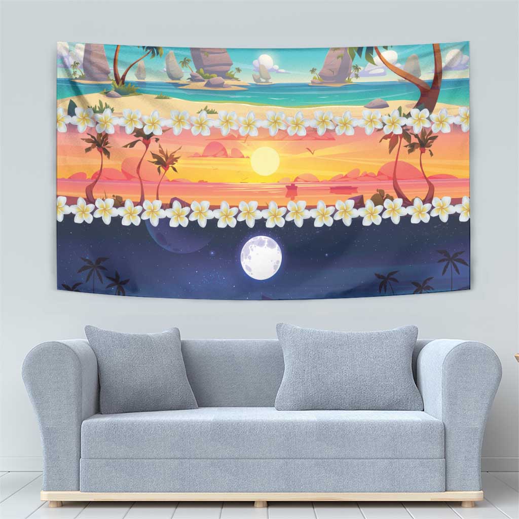 Hawaii Beach Landscape Time-Lapse Tapestry Tropical Plumeria Flowers - Polynesian Pride