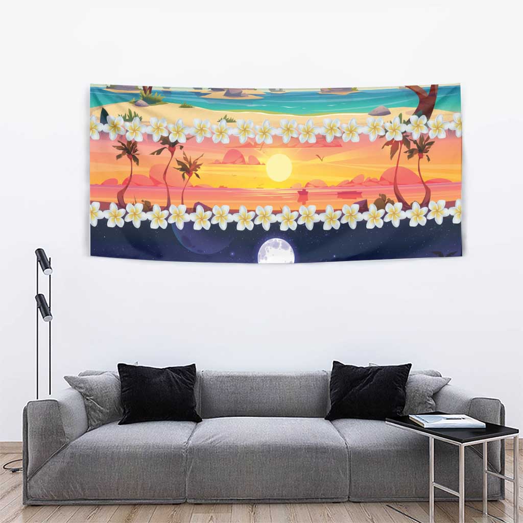 Hawaii Beach Landscape Time-Lapse Tapestry Tropical Plumeria Flowers - Polynesian Pride