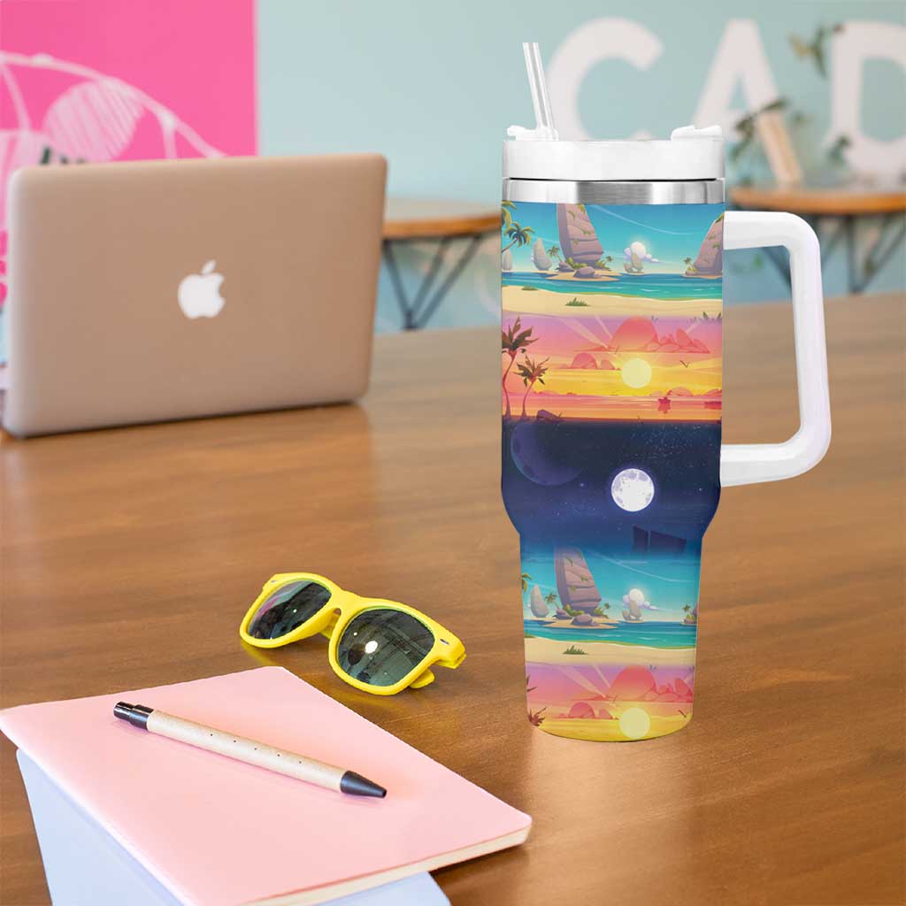 Hawaii Beach Landscape Time-Lapse Tumbler With Handle Tropical Plumeria Flowers - Polynesian Pride