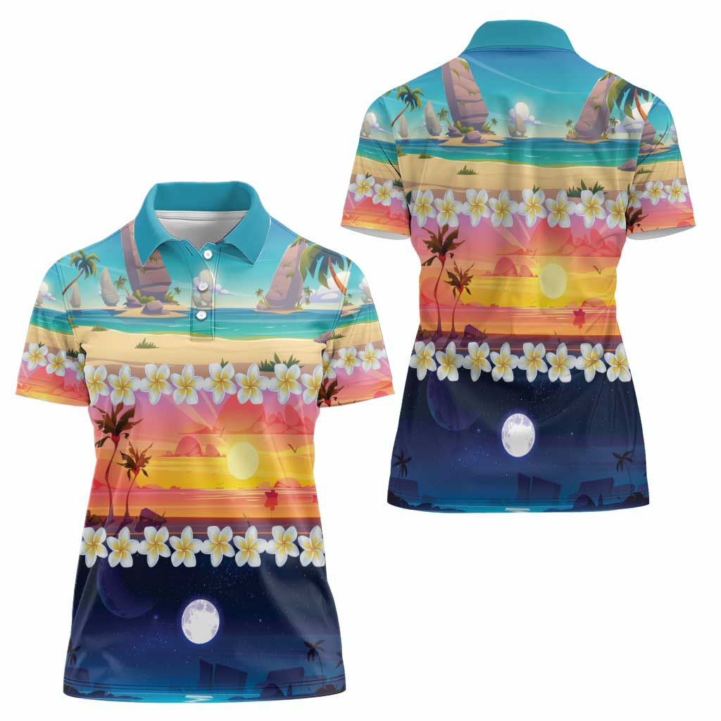 Hawaii Beach Landscape Time-Lapse Women Polo Shirt Tropical Plumeria Flowers LT01 - Polynesian Pride