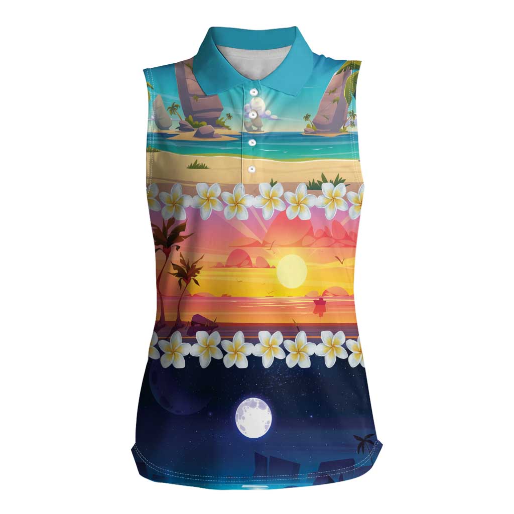 Hawaii Beach Landscape Time-Lapse Women Sleeveless Polo Shirt Tropical Plumeria Flowers LT01 Female Multicolor - Polynesian Pride