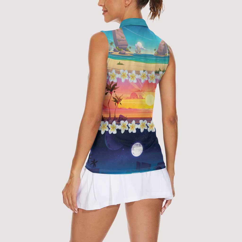 Hawaii Beach Landscape Time-Lapse Women Sleeveless Polo Shirt Tropical Plumeria Flowers LT01 - Polynesian Pride