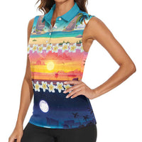 Hawaii Beach Landscape Time-Lapse Women Sleeveless Polo Shirt Tropical Plumeria Flowers LT01 - Polynesian Pride