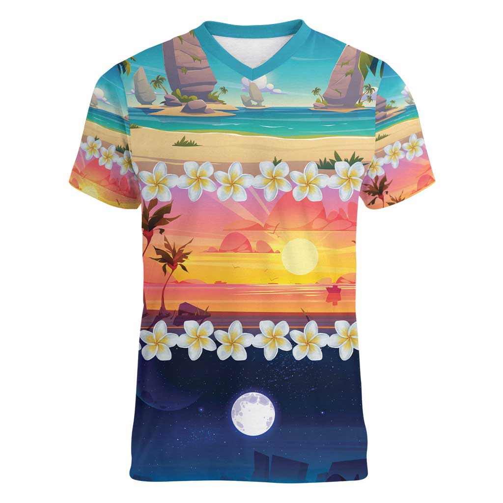 Hawaii Beach Landscape Time-Lapse Women V-Neck T-Shirt Tropical Plumeria Flowers LT01 Female Multicolor - Polynesian Pride