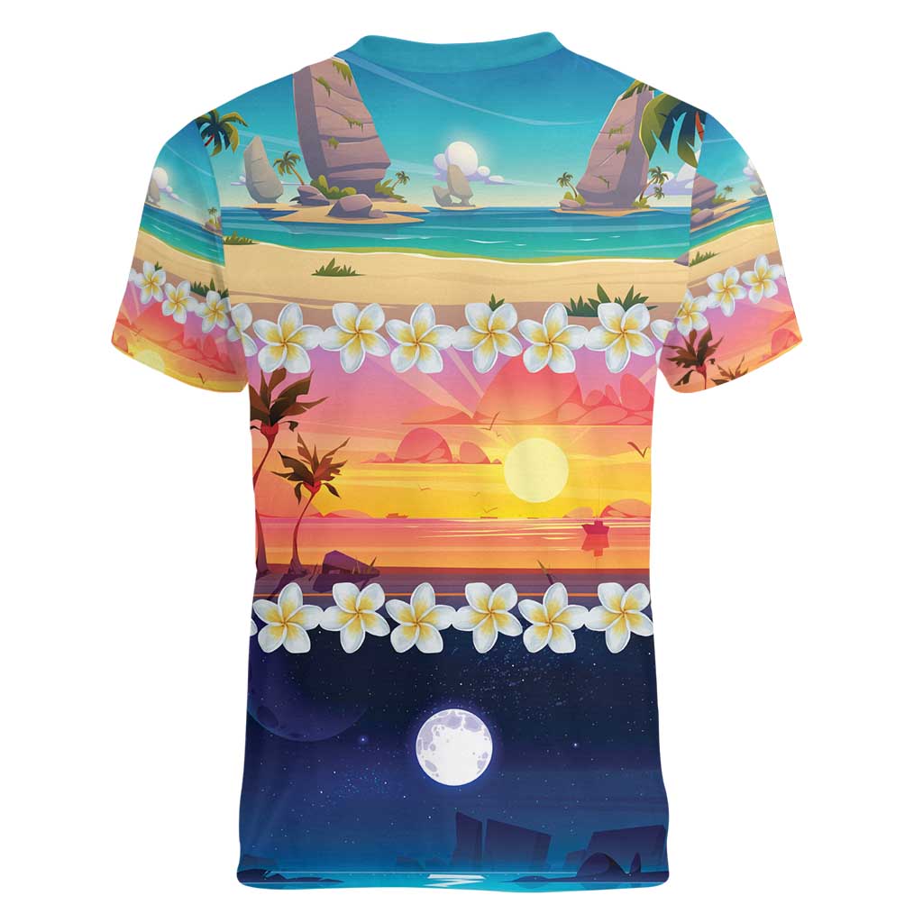 Hawaii Beach Landscape Time-Lapse Women V-Neck T-Shirt Tropical Plumeria Flowers LT01 - Polynesian Pride