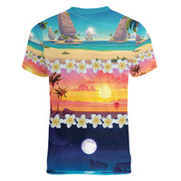 Hawaii Beach Landscape Time-Lapse Women V-Neck T-Shirt Tropical Plumeria Flowers LT01 - Polynesian Pride