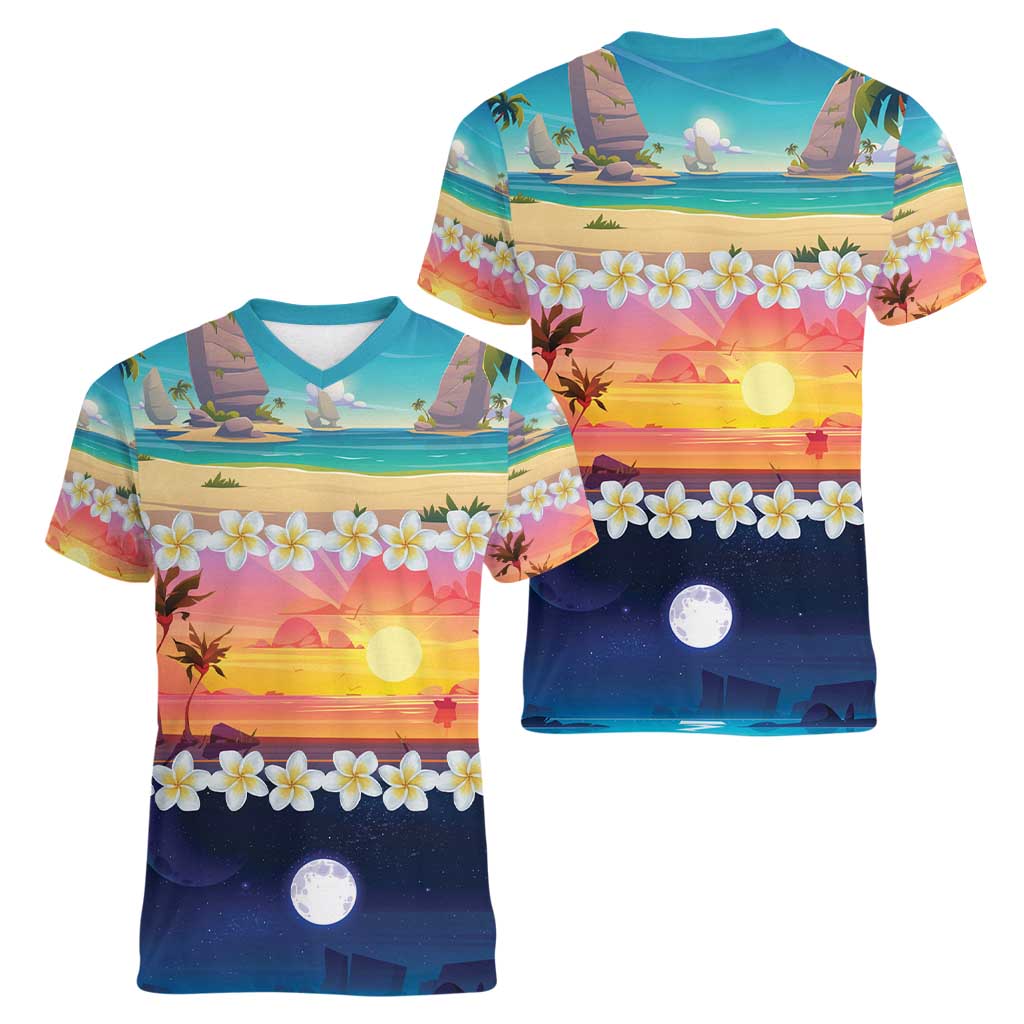 Hawaii Beach Landscape Time-Lapse Women V-Neck T-Shirt Tropical Plumeria Flowers LT01 - Polynesian Pride