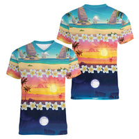 Hawaii Beach Landscape Time-Lapse Women V-Neck T-Shirt Tropical Plumeria Flowers LT01 - Polynesian Pride