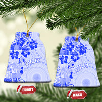 Fiji Masi With Hibiscus Tapa Tribal Ceramic Ornament Blue Pastel LT01 Bell Flake Blue - Polynesian Pride