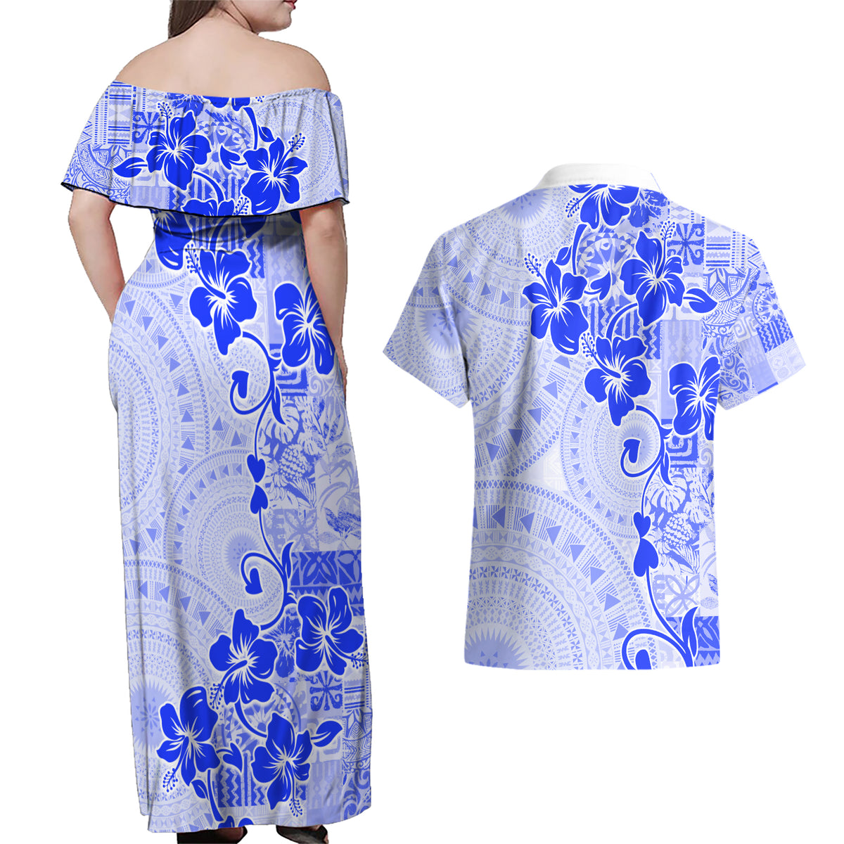 Fiji Masi With Hibiscus Tapa Tribal Couples Matching Off Shoulder Maxi Dress and Hawaiian Shirt Blue Pastel LT01 - Polynesian Pride