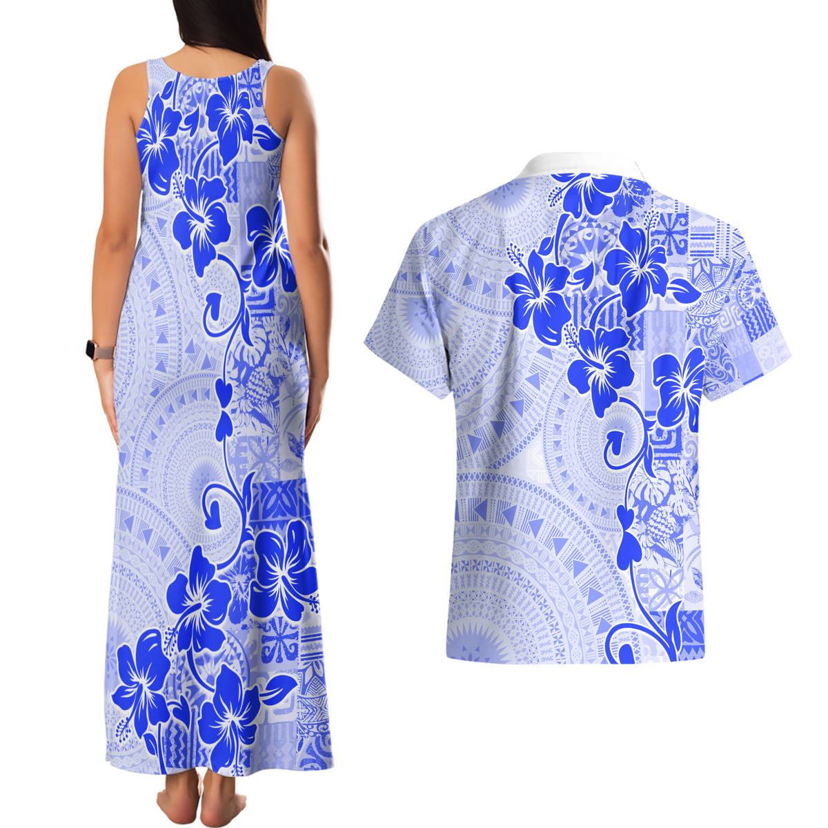 Fiji Masi With Hibiscus Tapa Tribal Couples Matching Tank Maxi Dress and Hawaiian Shirt Blue Pastel LT01 - Polynesian Pride