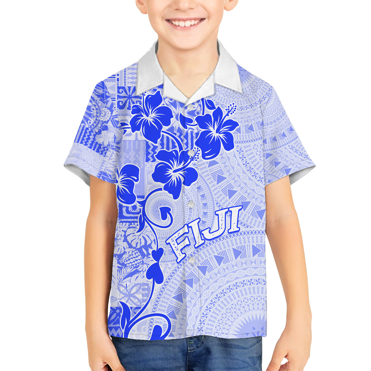 Fiji Masi With Hibiscus Tapa Tribal Family Matching Puletasi Dress and Hawaiian Shirt Blue Pastel LT01 Son's Shirt Blue - Polynesian Pride