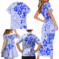 Fiji Masi With Hibiscus Tapa Tribal Family Matching Short Sleeve Bodycon Dress and Hawaiian Shirt Blue Pastel LT01 - Polynesian Pride