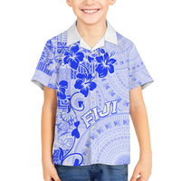 Fiji Masi With Hibiscus Tapa Tribal Family Matching Short Sleeve Bodycon Dress and Hawaiian Shirt Blue Pastel LT01 Son's Shirt Blue - Polynesian Pride