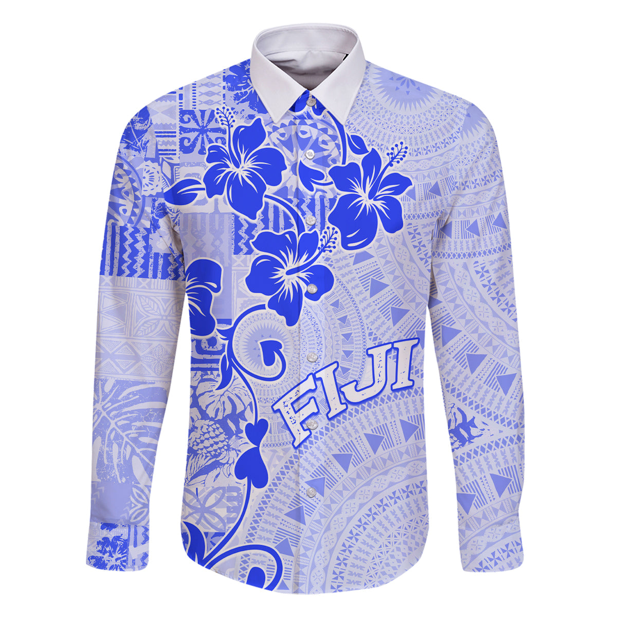 Fiji Masi With Hibiscus Tapa Tribal Family Matching Summer Maxi Dress and Hawaiian Shirt Blue Pastel LT01 Dad's Shirt - Long Sleeve Blue - Polynesian Pride