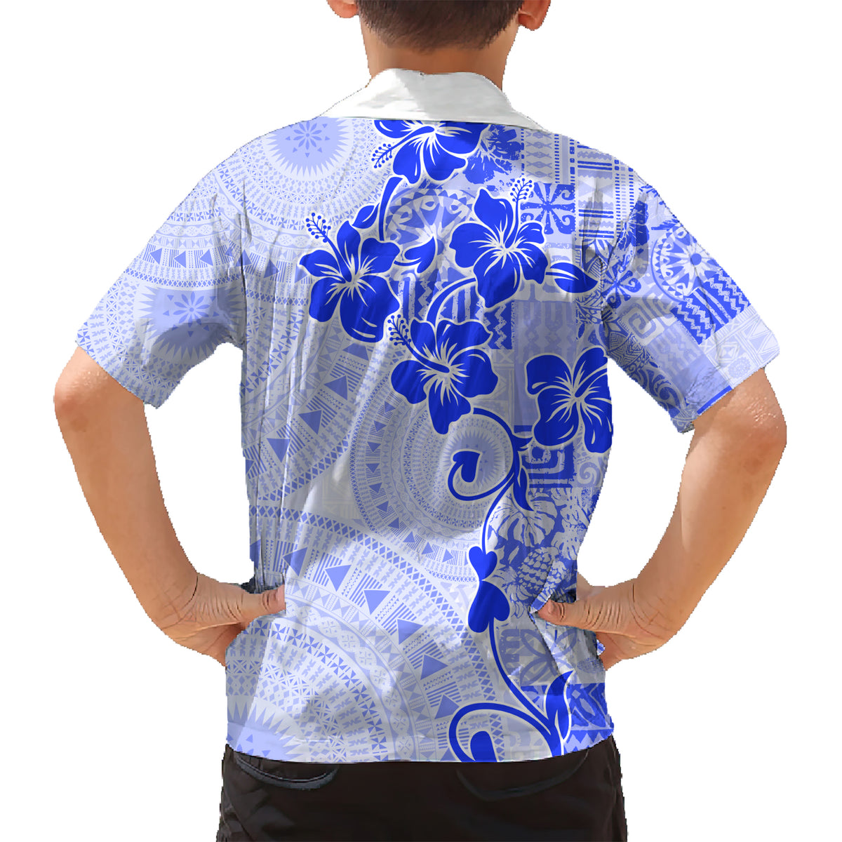 Fiji Masi With Hibiscus Tapa Tribal Kid Hawaiian Shirt Blue Pastel LT01 - Polynesian Pride