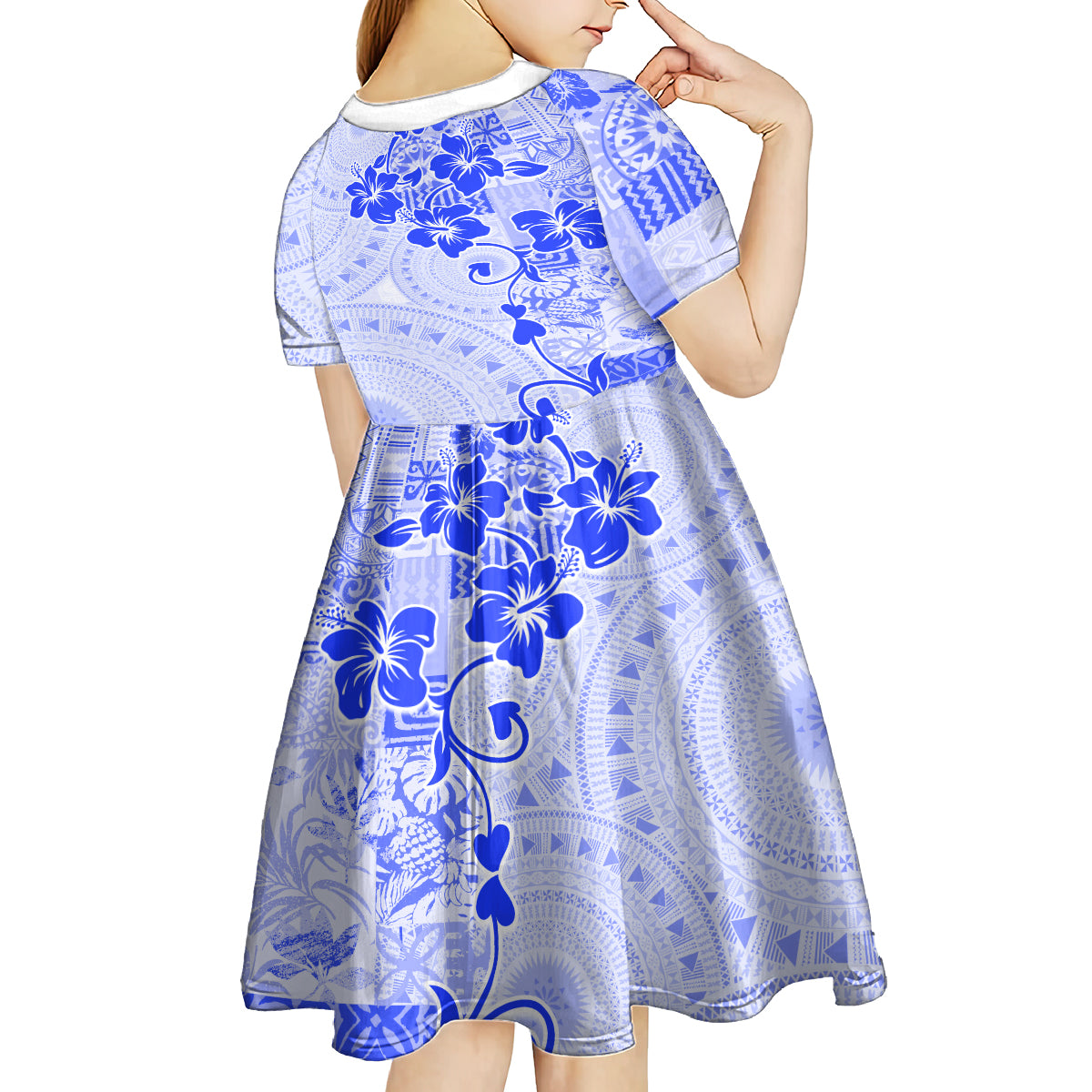 Fiji Masi With Hibiscus Tapa Tribal Kid Short Sleeve Dress Blue Pastel LT01 - Polynesian Pride