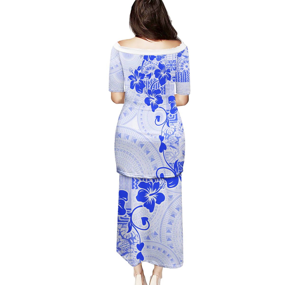 Fiji Masi With Hibiscus Tapa Tribal Puletasi Blue Pastel LT01 - Polynesian Pride