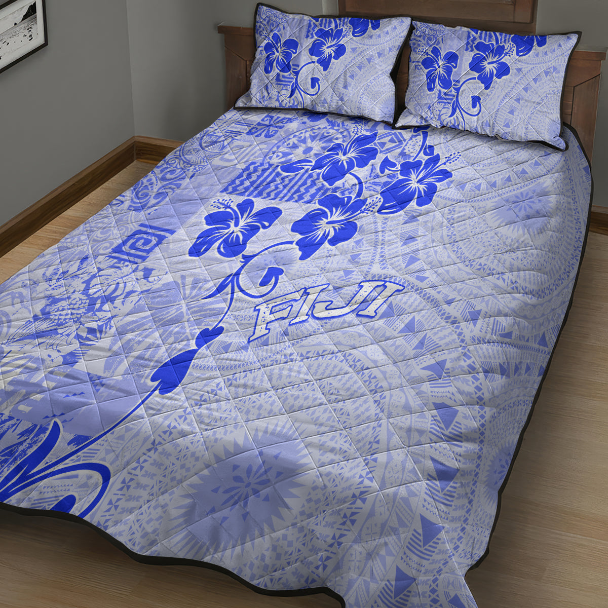 Fiji Masi With Hibiscus Tapa Tribal Quilt Bed Set Blue Pastel LT01 - Polynesian Pride