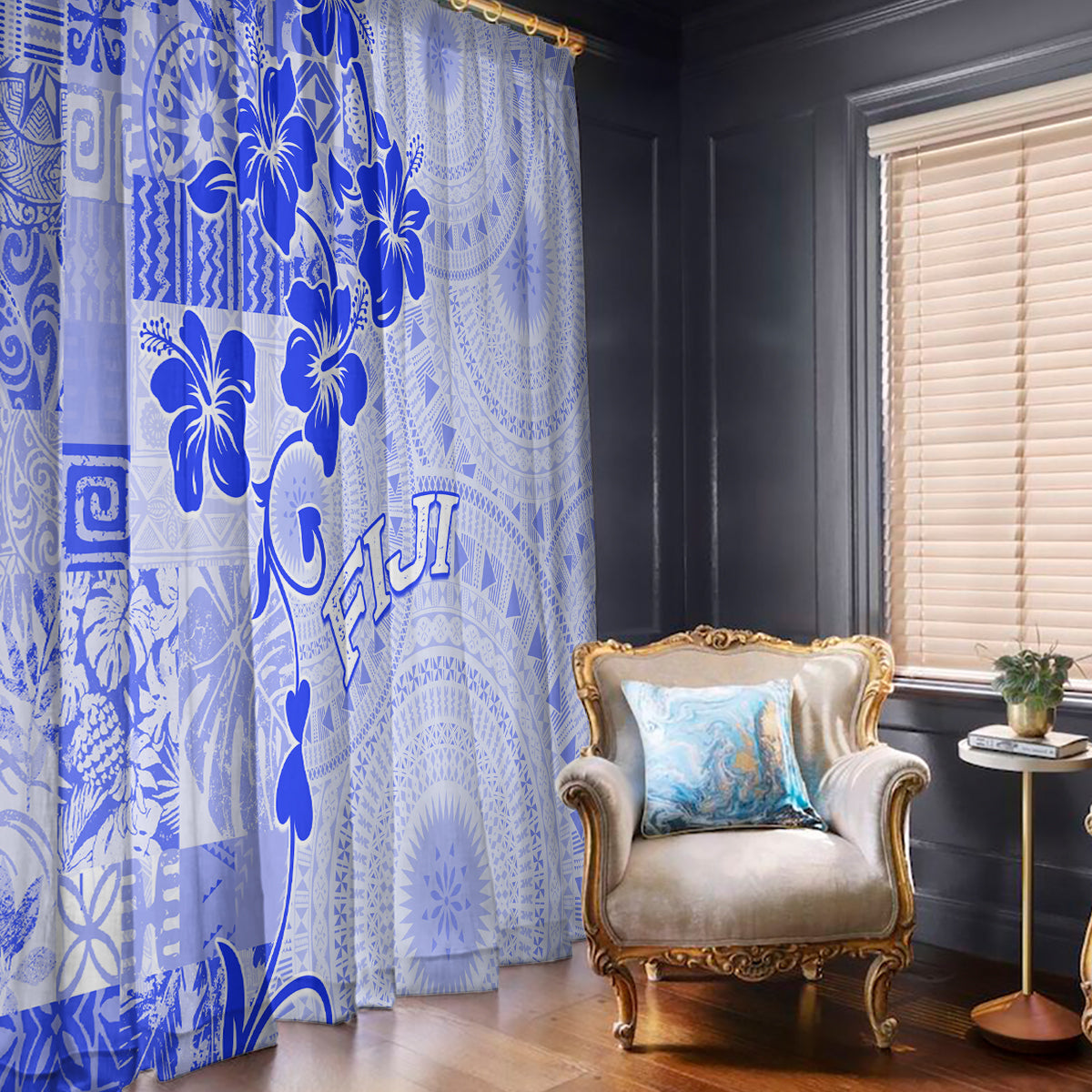 Fiji Masi With Hibiscus Tapa Tribal Window Curtain Blue Pastel LT01 - Polynesian Pride