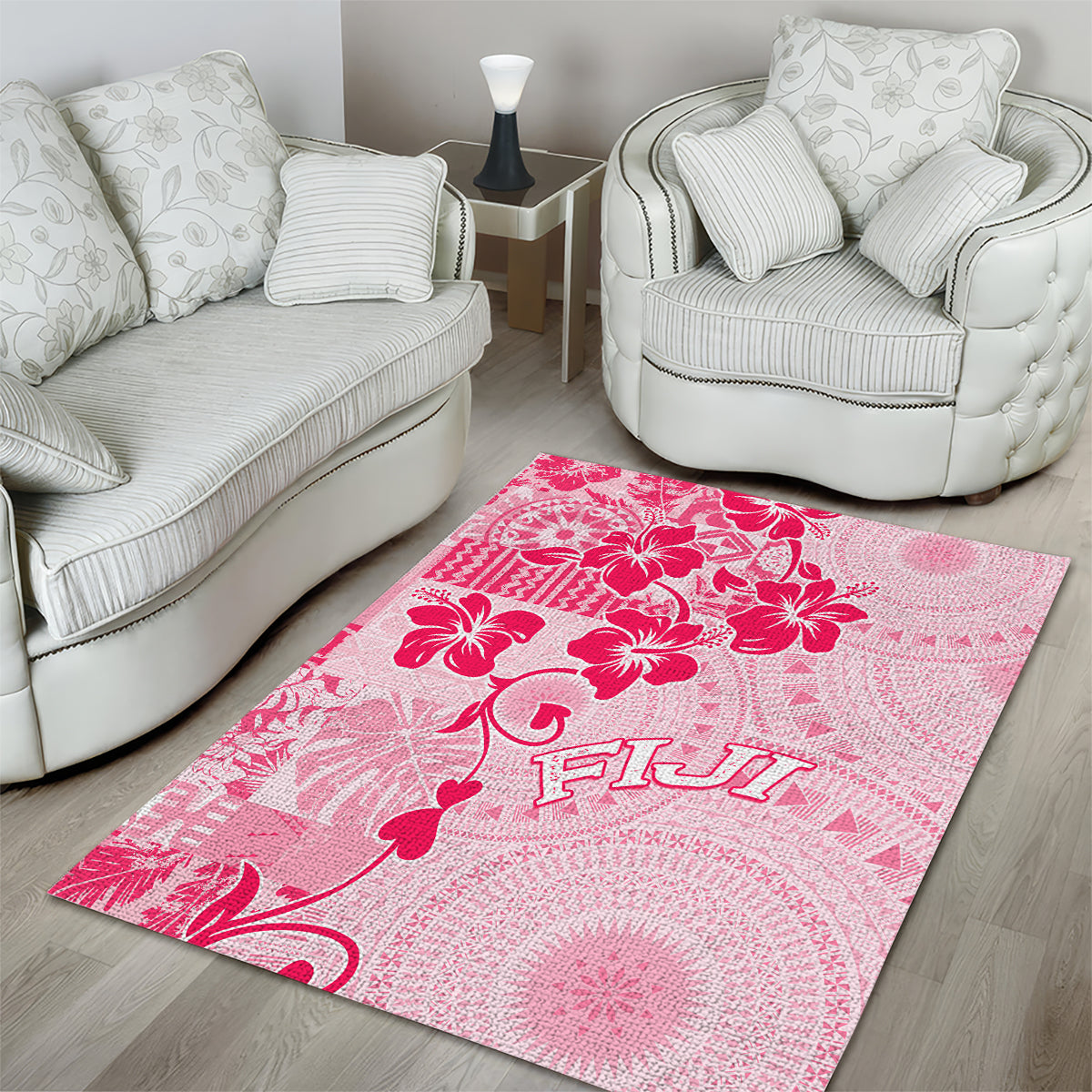 Fiji Masi With Hibiscus Tapa Tribal Area Rug Pink Pastel LT01 - Polynesian Pride