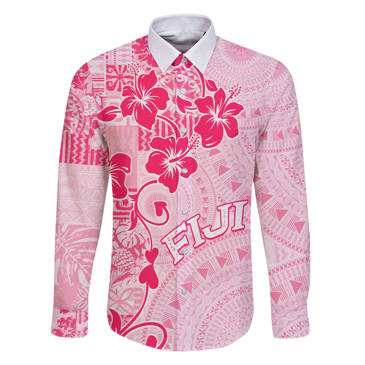 Fiji Masi With Hibiscus Tapa Tribal Family Matching Off Shoulder Maxi Dress and Hawaiian Shirt Pink Pastel LT01 Dad's Shirt - Long Sleeve Pink - Polynesian Pride