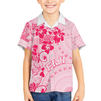 Fiji Masi With Hibiscus Tapa Tribal Family Matching Off Shoulder Short Dress and Hawaiian Shirt Pink Pastel LT01 Son's Shirt Pink - Polynesian Pride
