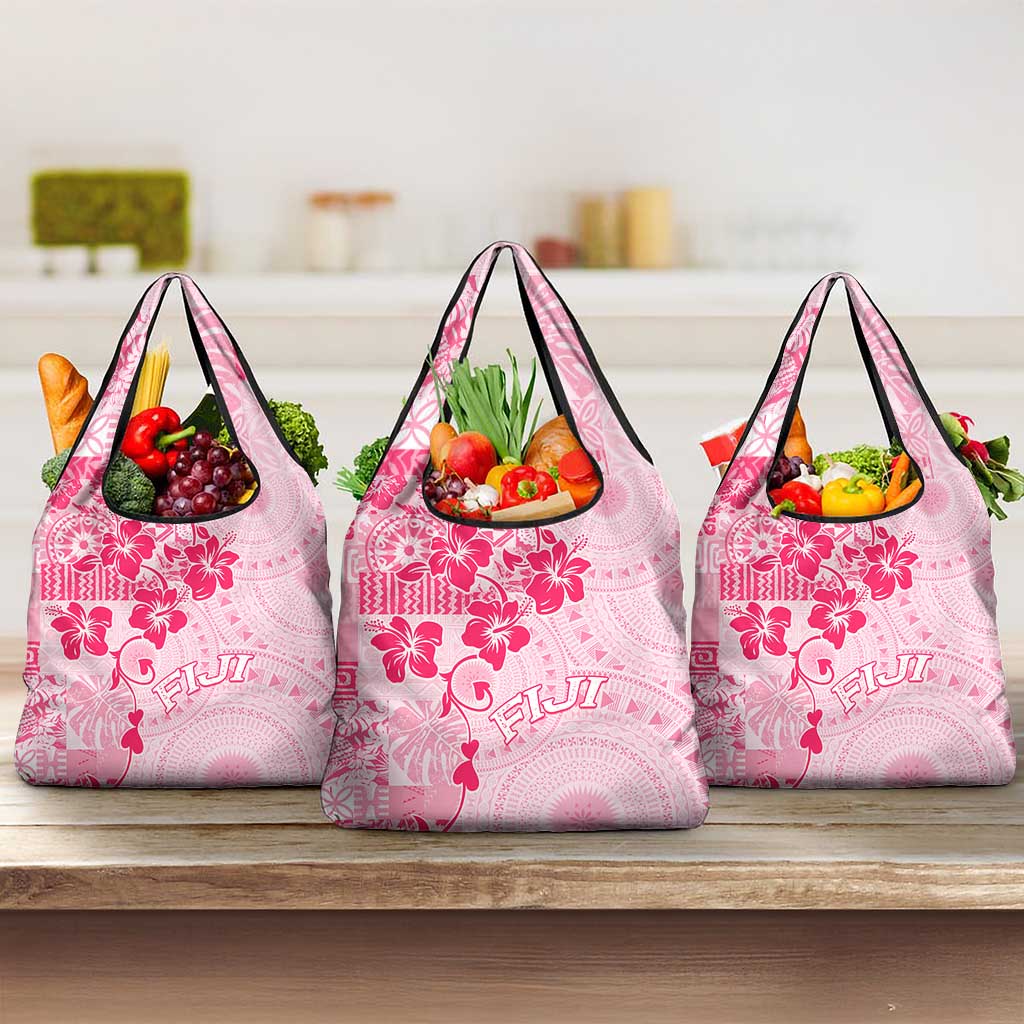 Fiji Masi With Hibiscus Tapa Tribal Grocery Bag Pink Pastel
