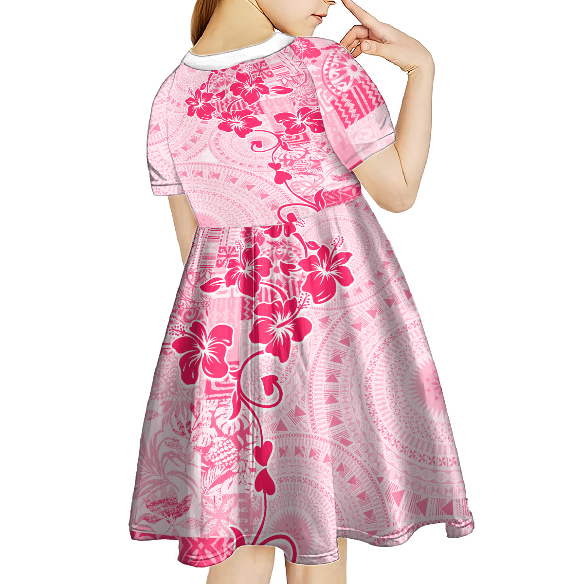 Fiji Masi With Hibiscus Tapa Tribal Kid Short Sleeve Dress Pink Pastel LT01 - Polynesian Pride