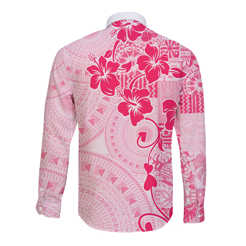 Fiji Masi With Hibiscus Tapa Tribal Long Sleeve Button Shirt Pink Pastel LT01 - Polynesian Pride