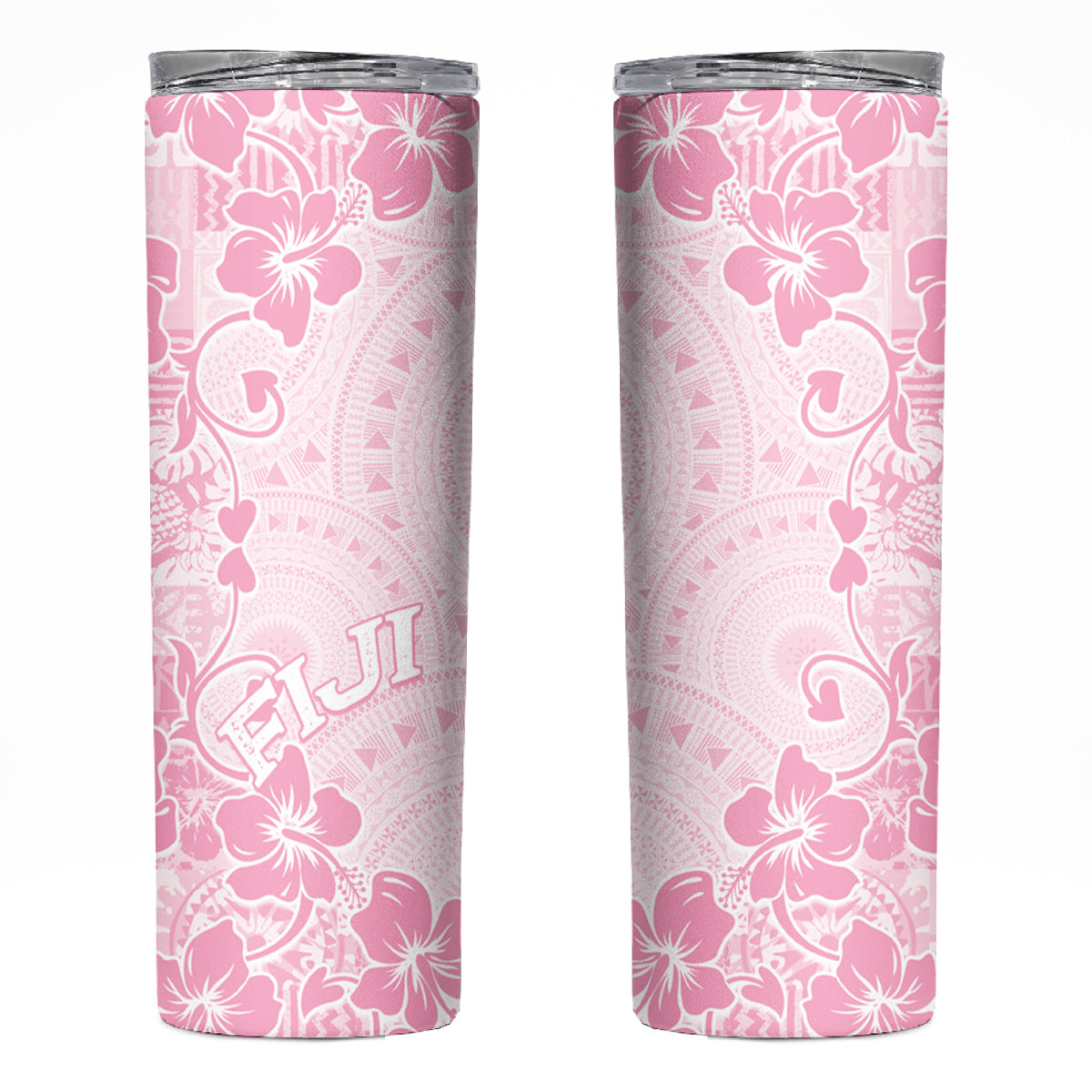 Fiji Masi With Hibiscus Tapa Tribal Skinny Tumbler Pink Pastel LT01 Pink - Polynesian Pride