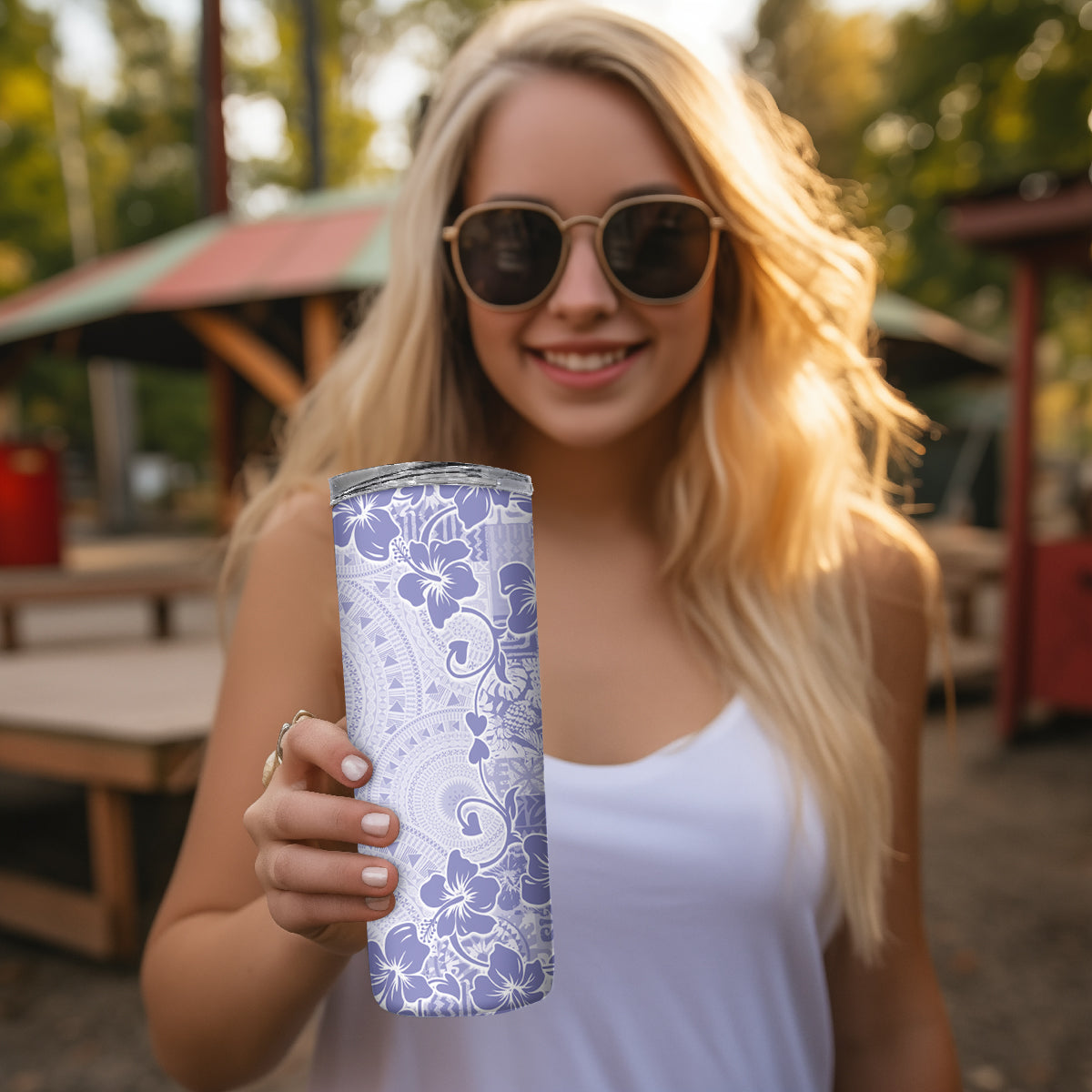 Fiji Masi With Hibiscus Tapa Tribal Skinny Tumbler Purple Pastel LT01 - Polynesian Pride