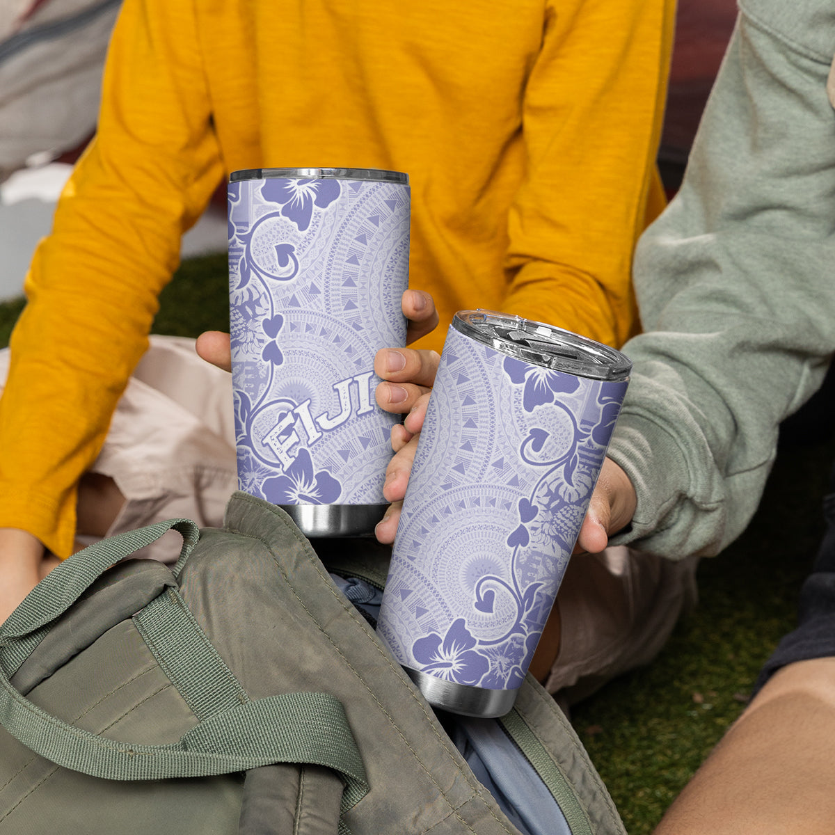Fiji Masi With Hibiscus Tapa Tribal Tumbler Cup Purple Pastel