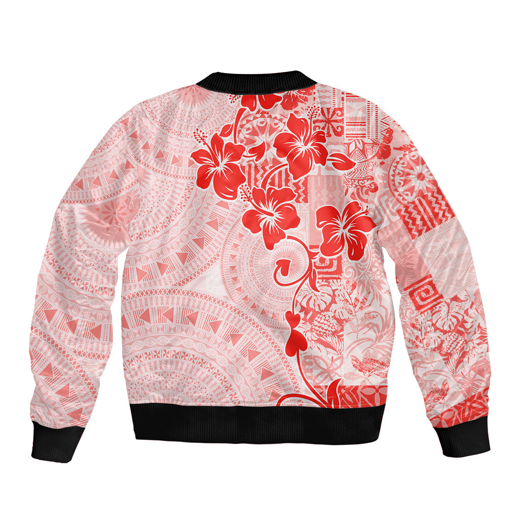 Fiji Masi With Hibiscus Tapa Tribal Bomber Jacket Red Pastel LT01 - Polynesian Pride
