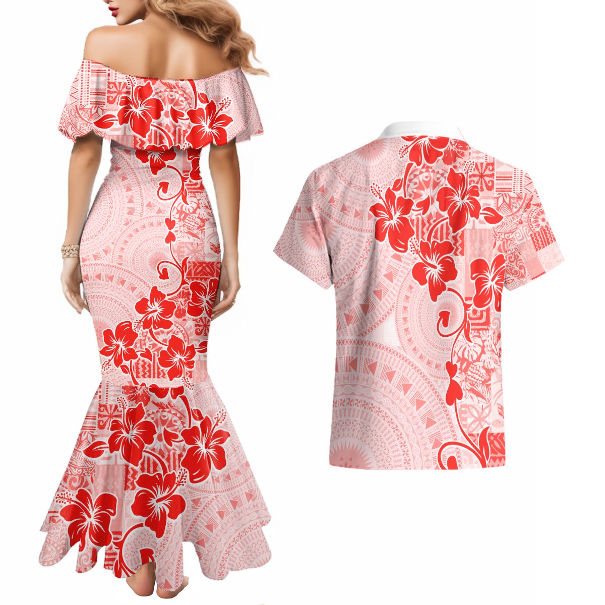 Fiji Masi With Hibiscus Tapa Tribal Couples Matching Mermaid Dress and Hawaiian Shirt Red Pastel LT01 - Polynesian Pride