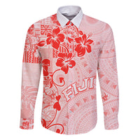 Fiji Masi With Hibiscus Tapa Tribal Family Matching Short Sleeve Bodycon Dress and Hawaiian Shirt Red Pastel LT01 Dad's Shirt - Long Sleeve Red - Polynesian Pride