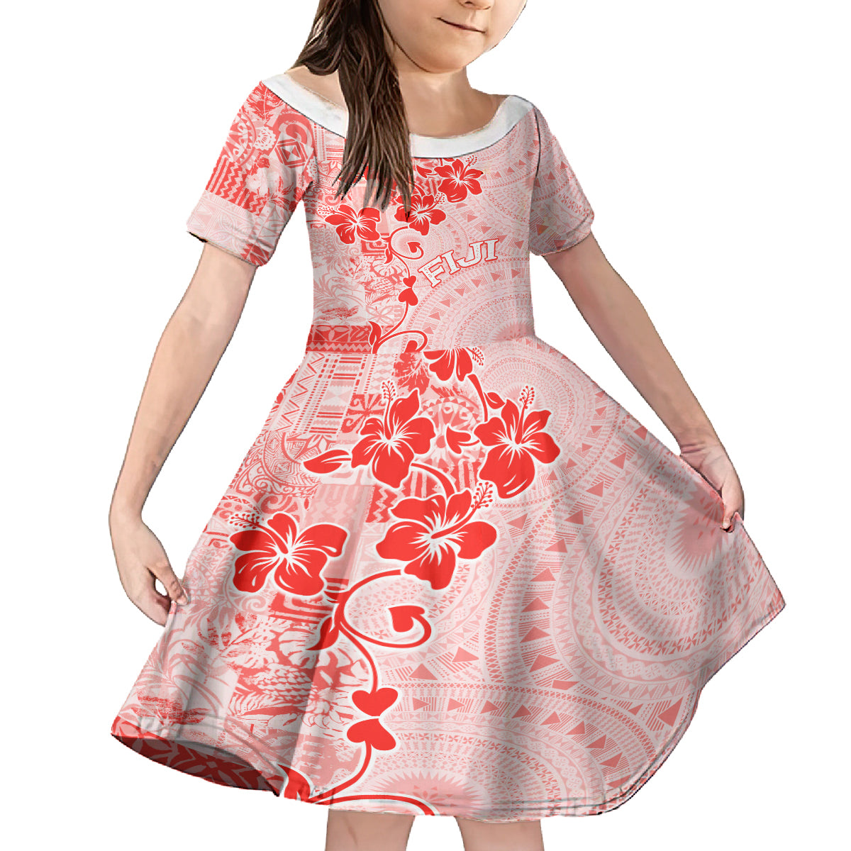 Fiji Masi With Hibiscus Tapa Tribal Family Matching Tank Maxi Dress and Hawaiian Shirt Red Pastel LT01 Daughter's Dress Red - Polynesian Pride