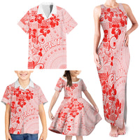 Fiji Masi With Hibiscus Tapa Tribal Family Matching Tank Maxi Dress and Hawaiian Shirt Red Pastel LT01 - Polynesian Pride