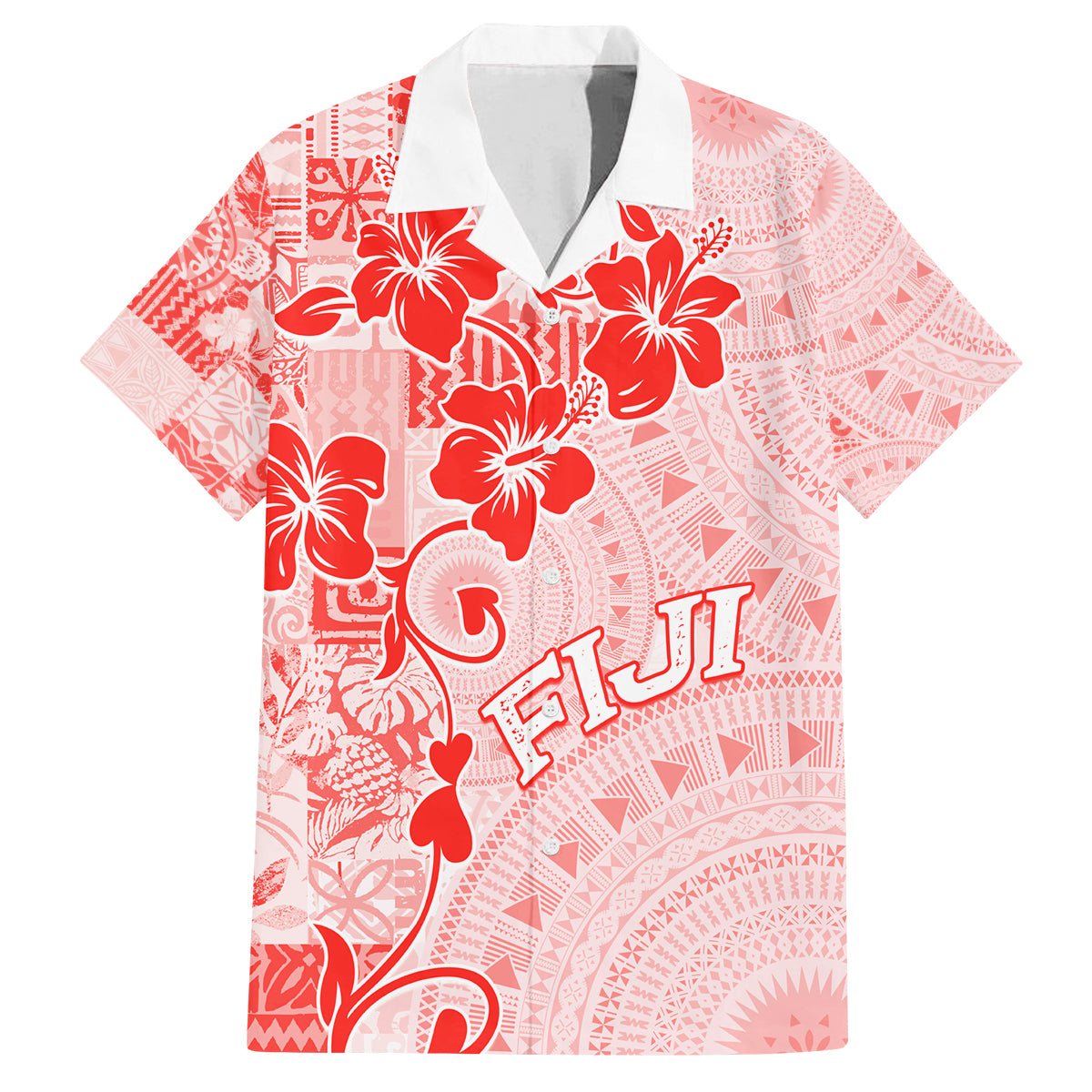 Fiji Masi With Hibiscus Tapa Tribal Family Matching Tank Maxi Dress and Hawaiian Shirt Red Pastel LT01 Dad's Shirt - Short Sleeve Red - Polynesian Pride