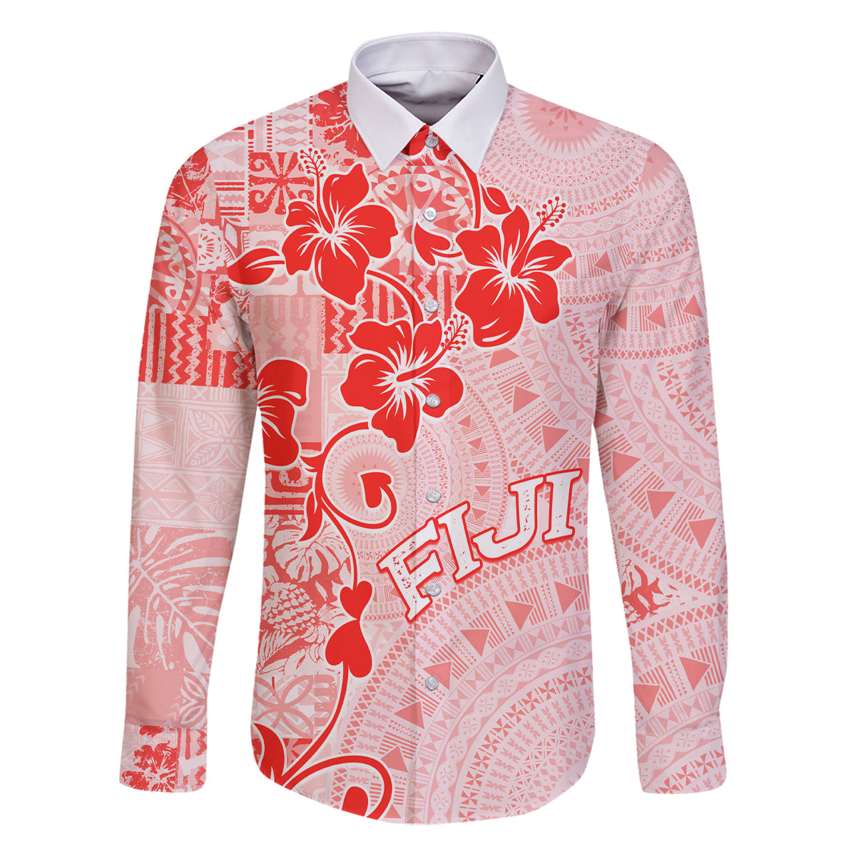 Fiji Masi With Hibiscus Tapa Tribal Family Matching Tank Maxi Dress and Hawaiian Shirt Red Pastel LT01 Dad's Shirt - Long Sleeve Red - Polynesian Pride
