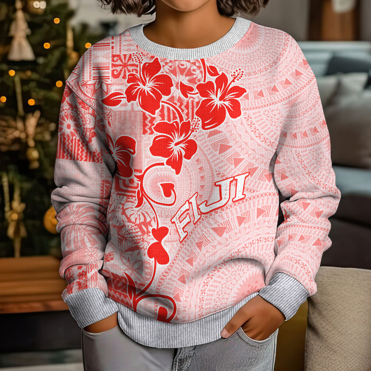 Fiji Masi With Hibiscus Tapa Tribal Kid Ugly Christmas Sweater Red Pastel LT01 - Polynesian Pride