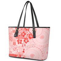 Fiji Masi With Hibiscus Tapa Tribal Leather Tote Bag Red Pastel LT01 - Polynesian Pride