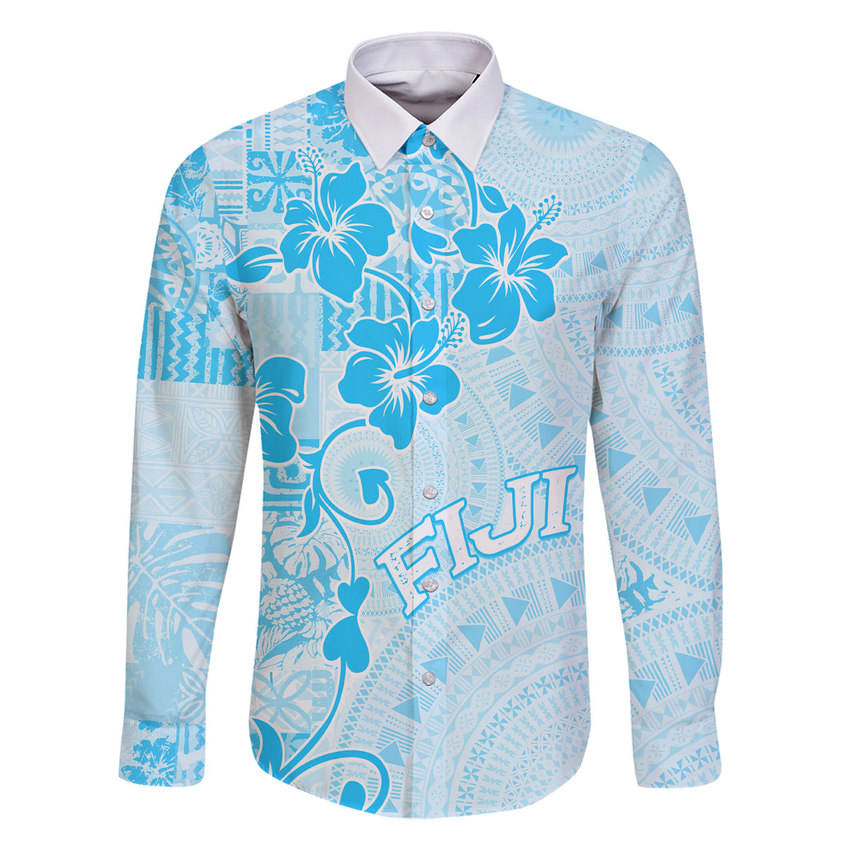 Fiji Masi With Hibiscus Tapa Tribal Family Matching Long Sleeve Bodycon Dress and Hawaiian Shirt Sky Blue Pastel LT01 Dad's Shirt - Long Sleeve Blue - Polynesian Pride
