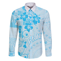 Fiji Masi With Hibiscus Tapa Tribal Family Matching Summer Maxi Dress and Hawaiian Shirt Sky Blue Pastel LT01 Dad's Shirt - Long Sleeve Blue - Polynesian Pride