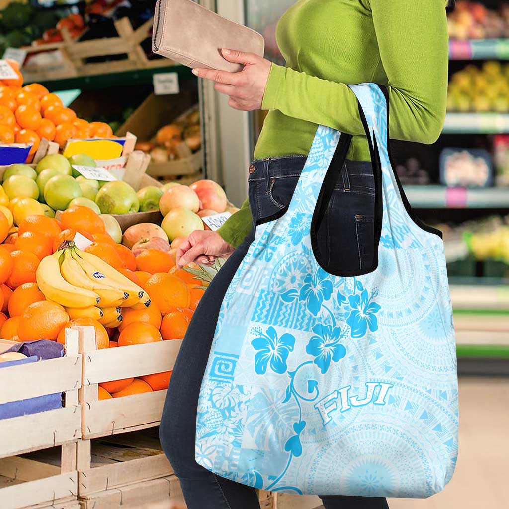 Fiji Masi With Hibiscus Tapa Tribal Grocery Bag Sky Blue Pastel
