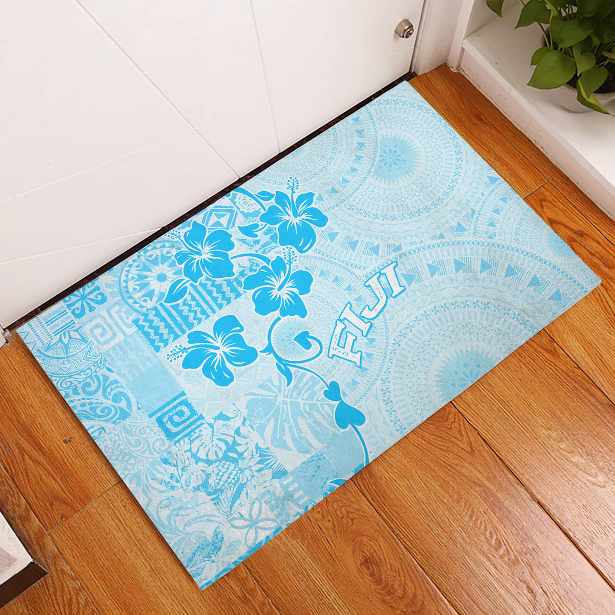 Fiji Masi With Hibiscus Tapa Tribal Rubber Doormat Sky Blue Pastel LT01 Blue - Polynesian Pride